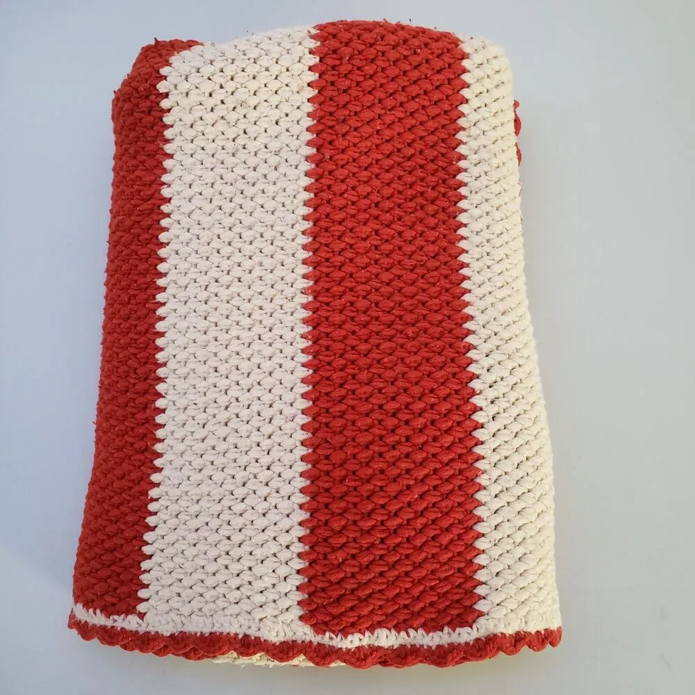 Vintage Afghan Throw Blanket Orange White Striped Fall Halloween MCM